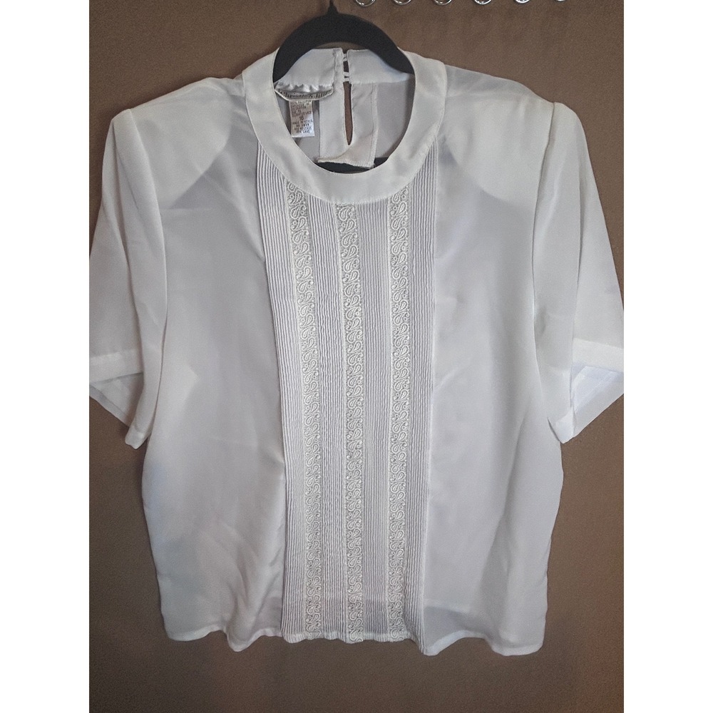 Christie & Jill Blouse Womens 16 White Excellent Vintage Pleated Lace Mock Neck